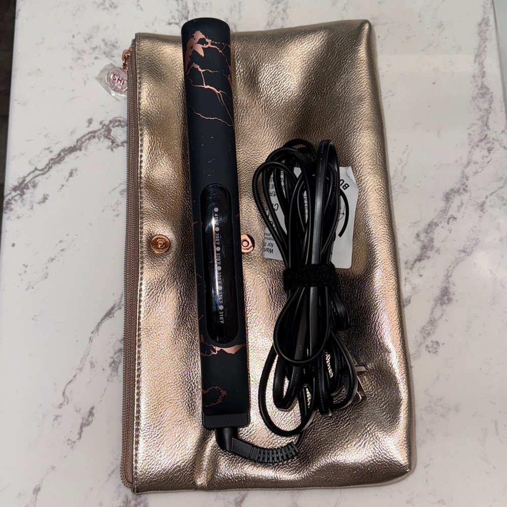Chi Black and Rose Gold Hair Straightener with Metallic Pouch